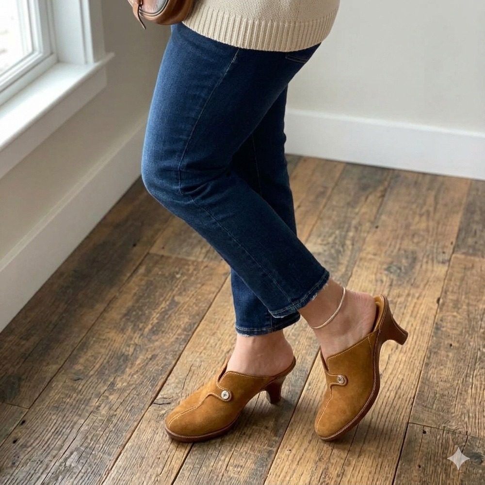 Cole Haan Y2K Suede Leather Mules Women 6 Tan Good Studded Peep Toe Kitten Heels